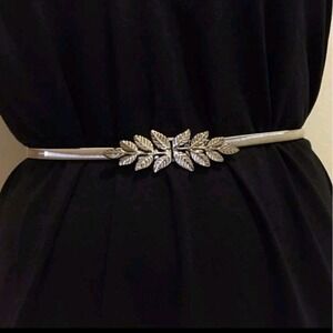 Silver Metal stretch elastic thin waist belt Skinny boho leaf buckle statement